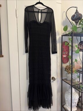 Black Sheer Long-Sleeve Mesh Midi Dress